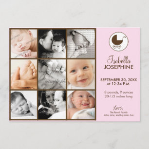 5x7 Photo Collage Pink Baby Birth Announcement