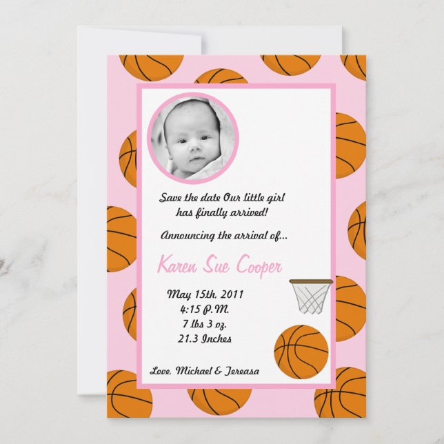 5x7 PHOTO Sports Basket Ball Birth Announcement (Front)
