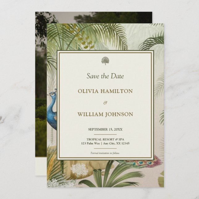 5x7 Photo Tropical Peacock Palm Wedding  Save The Date (Front/Back)