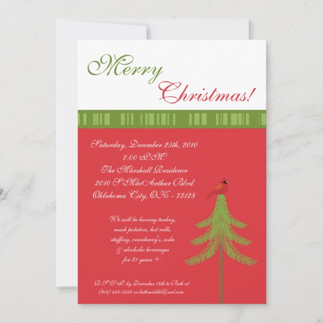 5x7 Pine Tree Red Robin Christmas Party Invitation (Front)