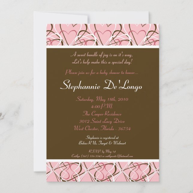 5x7 Pink and Brown Hearts Baby Shower Invitation (Front)