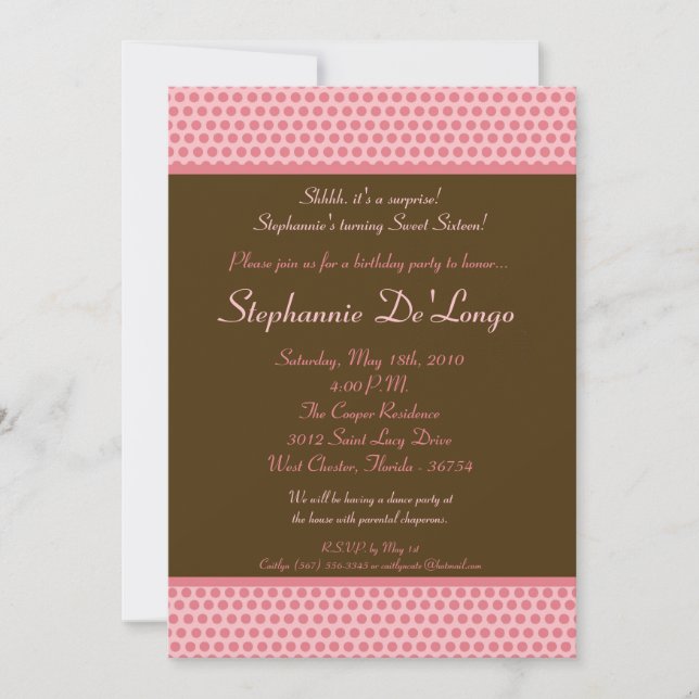 5x7 Pink and Brown Polkadot 16 Birthday Invitation (Front)