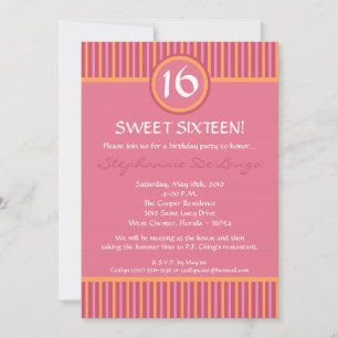 5x7 Pink and Orange Striped 16 Birthday Invitation
