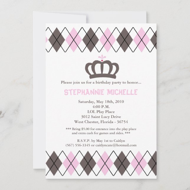 5x7 Pink Argyle Crown Birthday Party Invitation (Front)