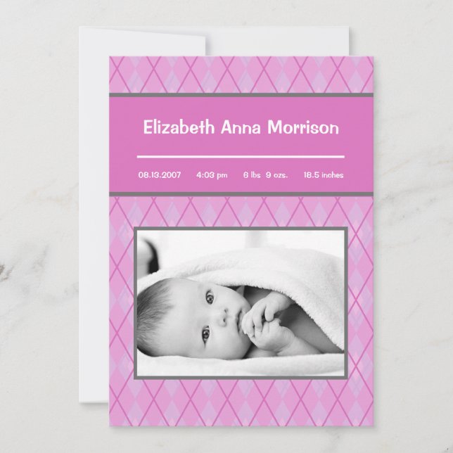 5x7 Pink Argyle Pattern Photo Birth Announcement (Front)