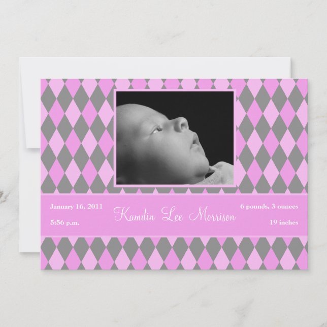 5x7 Pink Argyle Pattern Photo Birth Announcement (Front)
