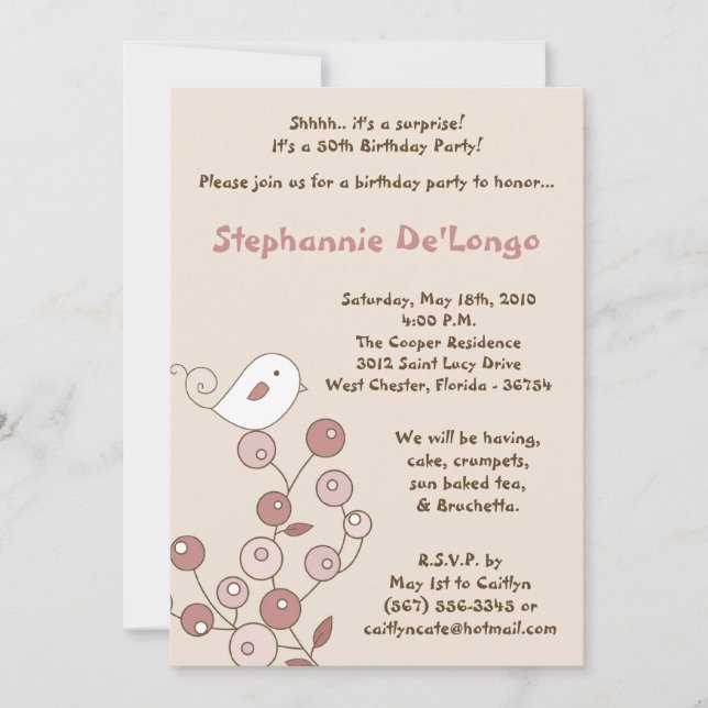5x7 Pink Bird Retro Bush Birthday Party Invitation (Front)