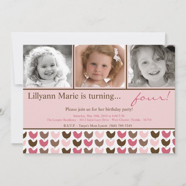 5x7 Pink Brow Bird Photo Birthday Party Invitation (Front)