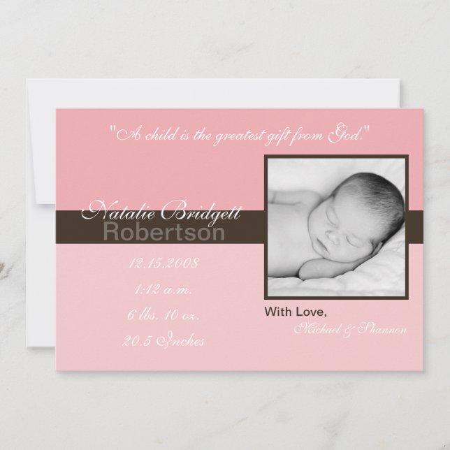 5x7 Pink Brown Band Strip Photo Birth Announcement (Front)