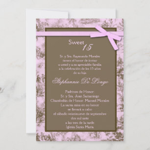 5x7 Pink Brown ToileFabric Quinceanera Invitation