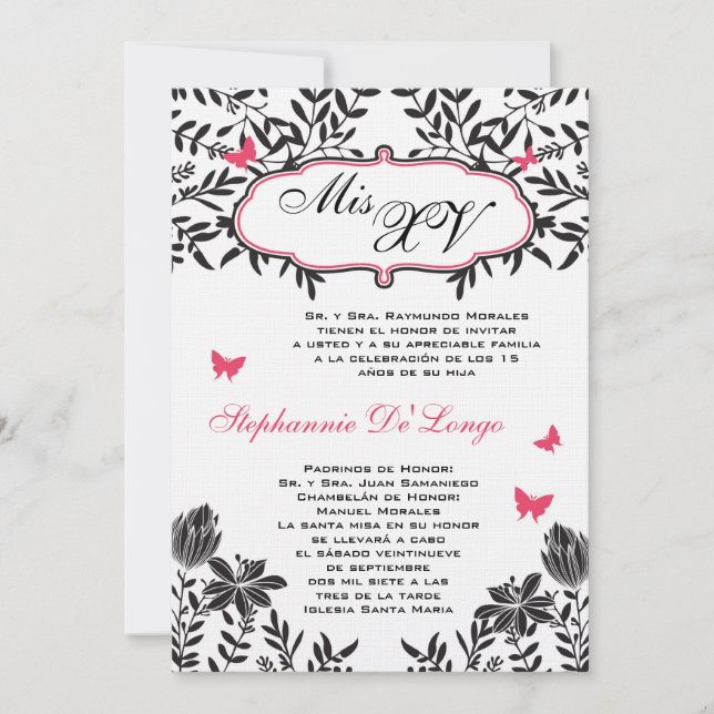 5x7 Pink Butterfly Quinceanera Birthday Invitation (Front)