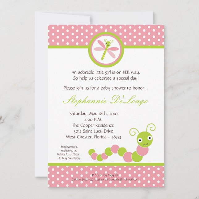 5x7 Pink Caterpillar Insect Baby Shower Invitation (Front)