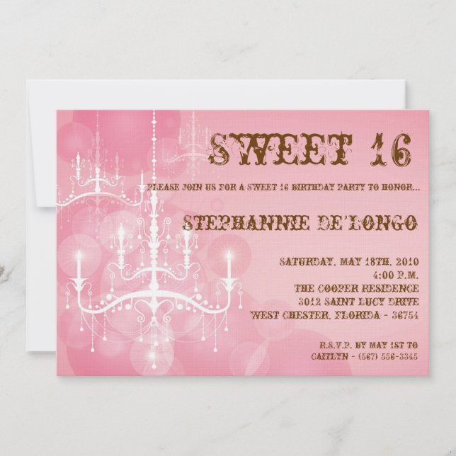 5x7 Pink Chandelier Sweet 16 Birthday Invitation (Front)