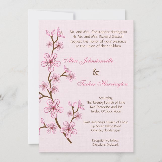 5x7 Pink Cherry Blossom Linen Wedding Invitation (Front)