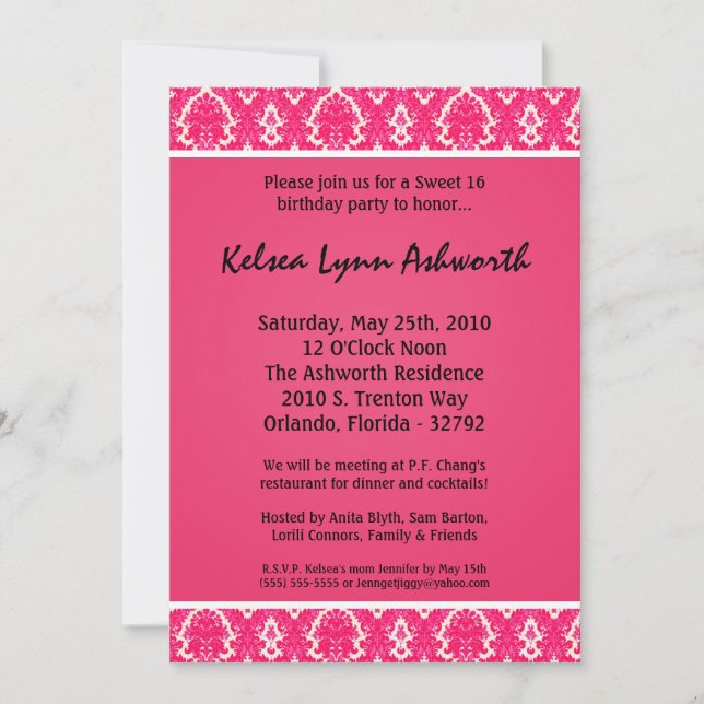 5x7 Pink Damask Sweet 16 Birthday Party Invitation (Front)