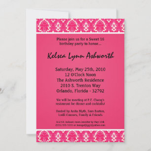 5x7 Pink Damask Sweet 16 Birthday Party Invitation