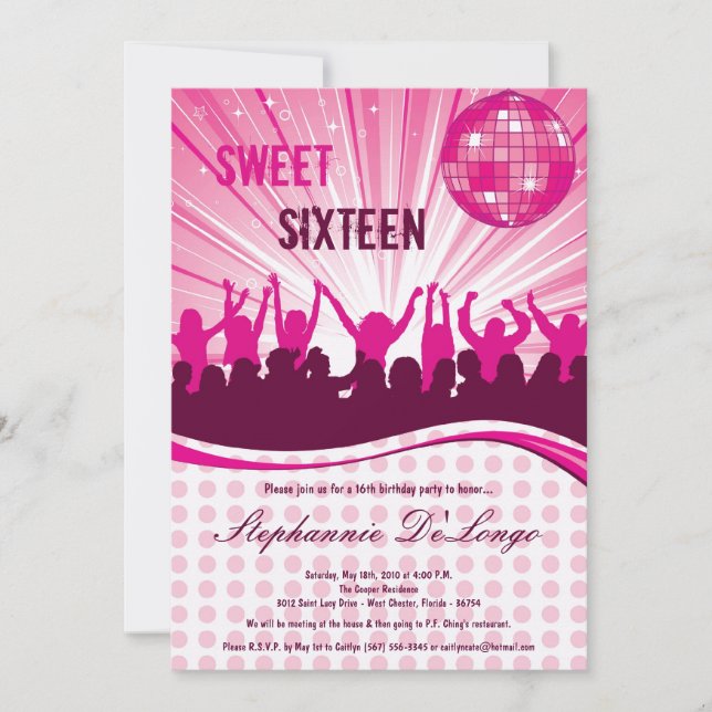5x7 Pink Dance Party 16th Birthday Invitation (Front)