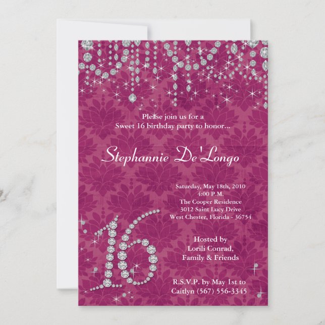5x7 Pink Diamond Sweet 16 Birthday Invitation (Front)