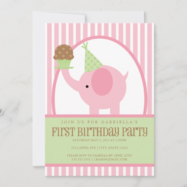 5x7 Pink Elephant Birthday Invitation (Front)