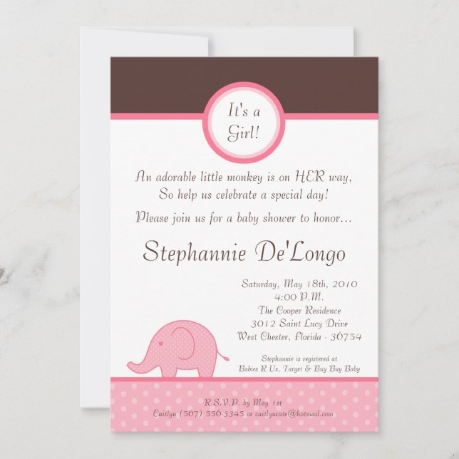 5x7 Pink Girl Mod Elephant Baby Shower Invitation (Front)