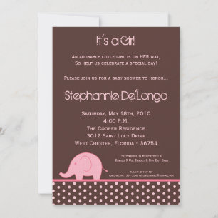 5x7 Pink Girl Mod Elephant Baby Shower Invitation