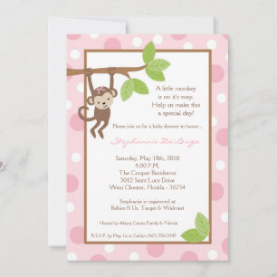 5x7 Pink Girl Monkey Jungle Baby Shower Invitation