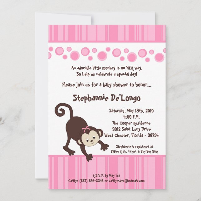 5x7 :Pink Girl Pop Monkey Baby Shower Invitation (Front)