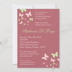 5x7 Pink Green Butterfly Birthday Party Invitation