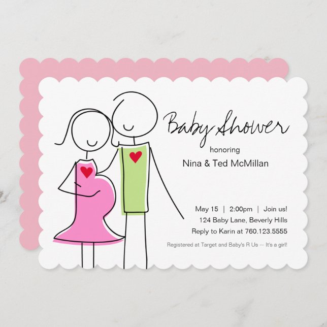 5x7 Pink & Green Coed Baby Shower Invitations (Front/Back)