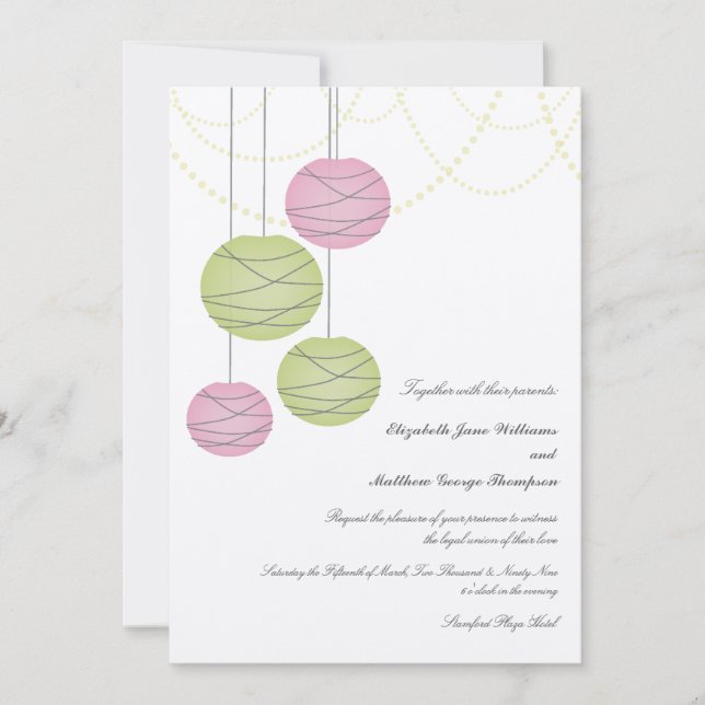 5x7 Pink & Green Paper Lanterns Day Wedding Invite (Front)