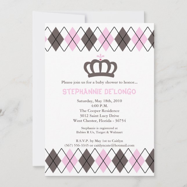 5x7 Pink Grey Argyle Crown Baby Shower Invitation (Front)