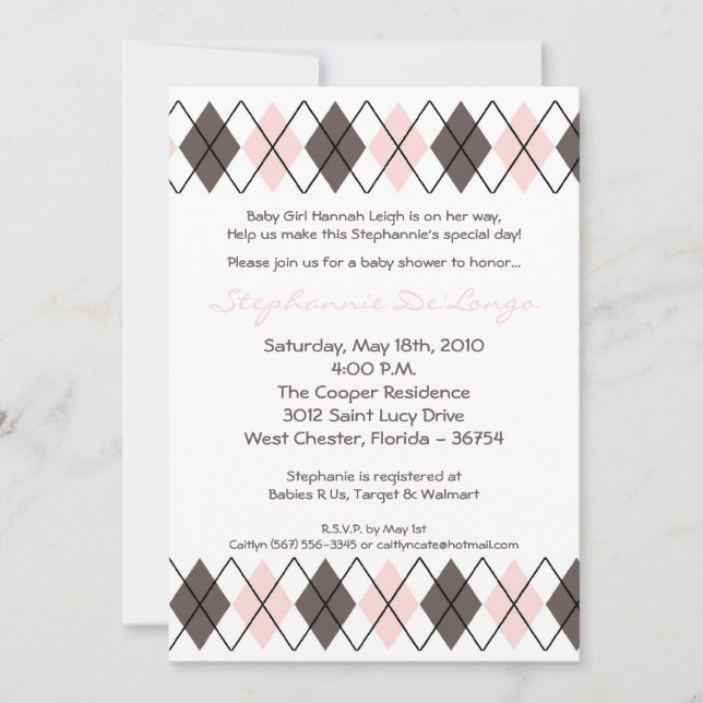 5x7 Pink Grey Argyle Punk Baby Shower Invitation (Front)