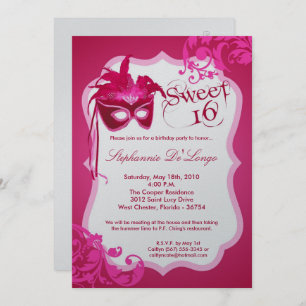 5x7 Pink Masquerade Mask 16 Birthday Invitation