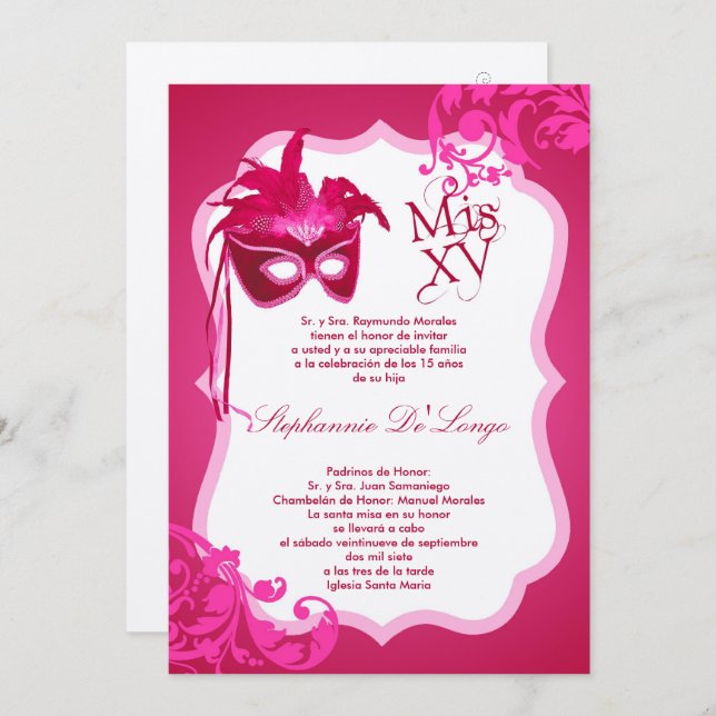 5x7 Pink Masquerade Mask Quinceanera Invitation (Front/Back)
