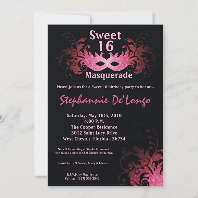 5x7 Pink Masquerade Sweet 16 Birthday Invitation (Front)