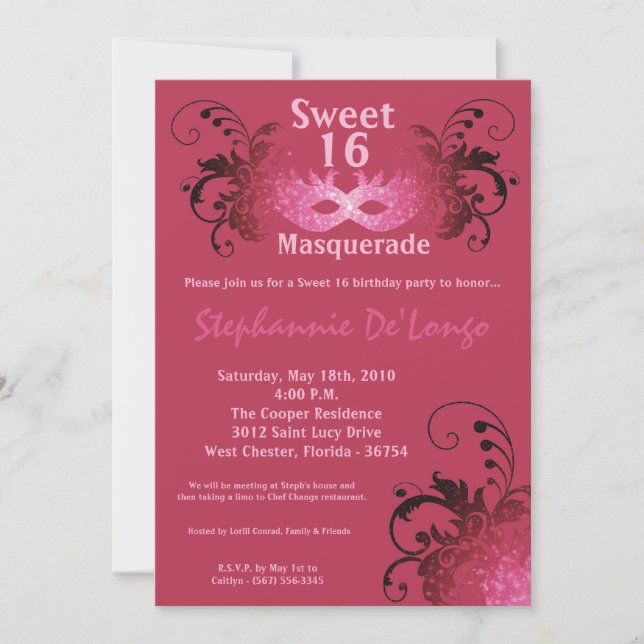5x7 Pink Masquerade Sweet 16 Birthday Invitation (Front)