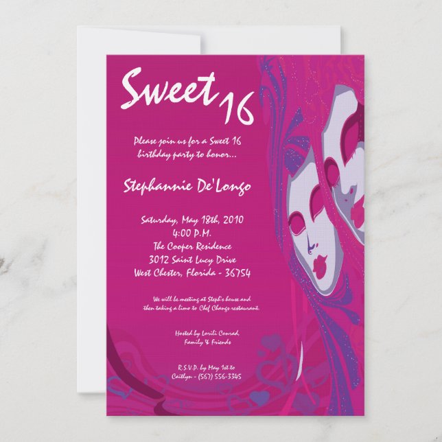 5x7 Pink Masquerade Sweet 16 Birthday Invitation (Front)
