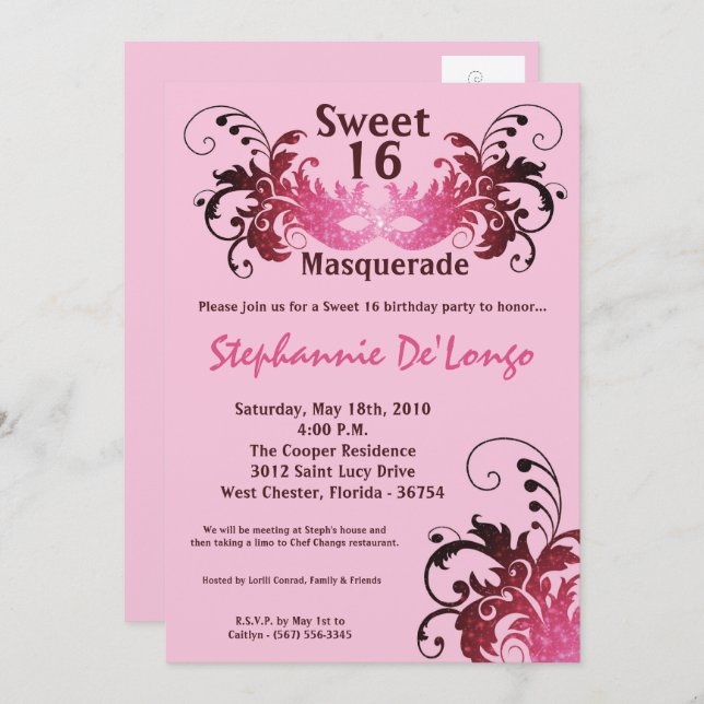 5x7 Pink Masquerade Sweet 16 Birthday Invitation (Front/Back)