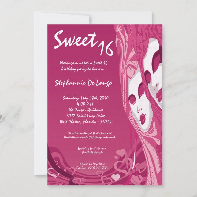 5x7 Pink Masquerade Sweet 16 Birthday Invitation (Front)