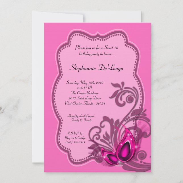 5x7 Pink Masquerade Sweet 16 Birthday Invitation (Front)