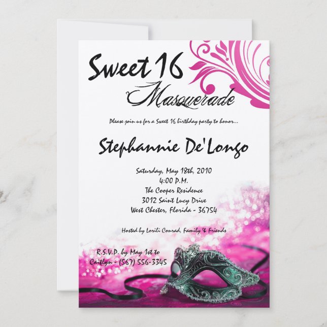 5x7 Pink Masquerade Sweet 16 Birthday Invitation (Front)