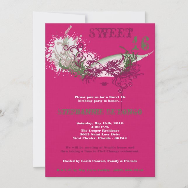 5x7 Pink Masquerade Sweet 16 Birthday Invitation (Front)