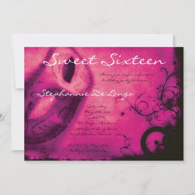 5x7 Pink Masquerade Sweet 16 Birthday Invitation (Front)