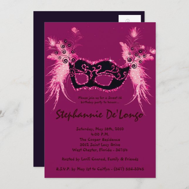 5x7 Pink Masquerade Sweet 16 Birthday Invitation (Front/Back)