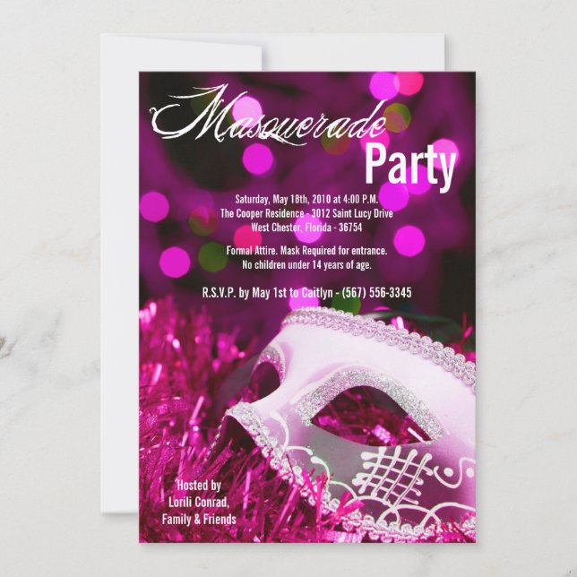 5x7 Pink Masquerade Sweet 16 Birthday Invitation (Front)