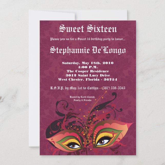 5x7 Pink Masquerade Sweet 16 Birthday Invitation (Front)
