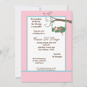 5x7 Pink Monkey Birthday Party Invite