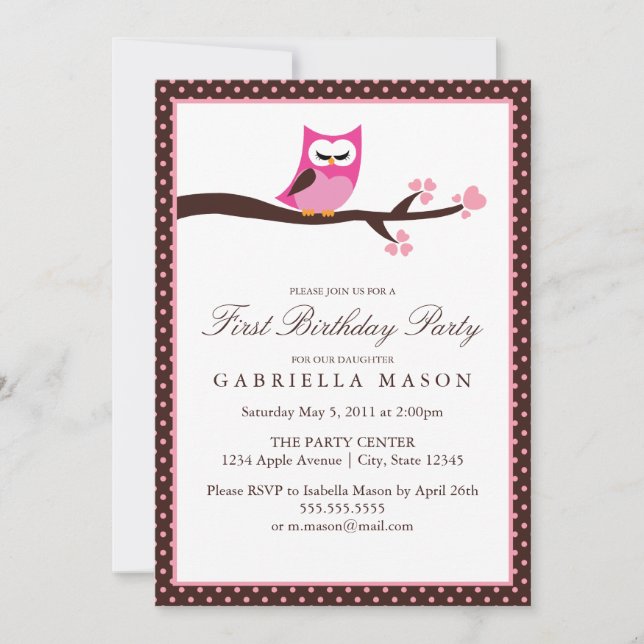 5x7 Pink Owl Birthday Party Invite (Front)