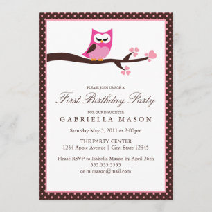5x7 Pink Owl Birthday Party Invite