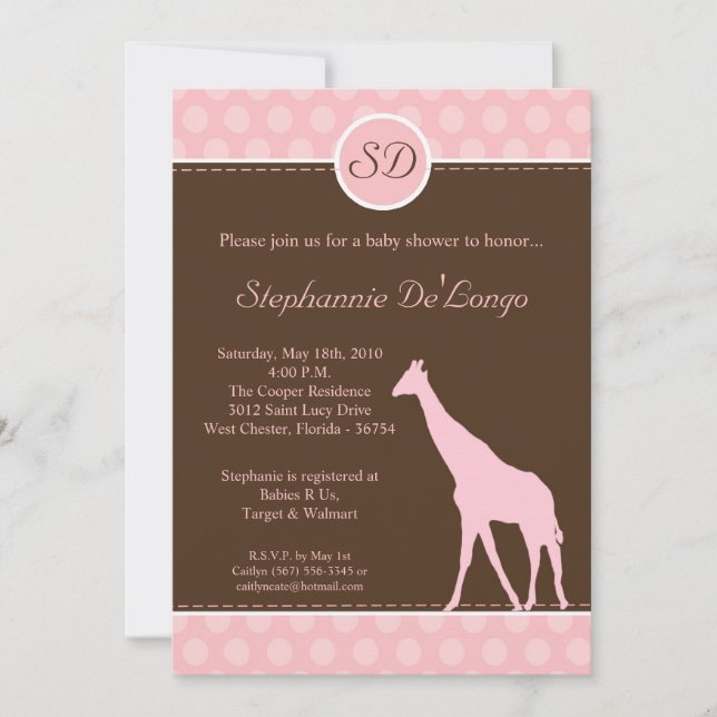 5x7 Pink Polka Dot Giraffe Baby Shower Invitation (Front)